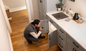 inspecting for insects under sink