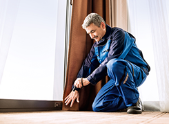 man kneeling to inspect for pests