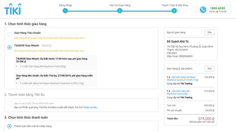 Bước 6: Lựa chọn hình thức giao hàng và thanh toán