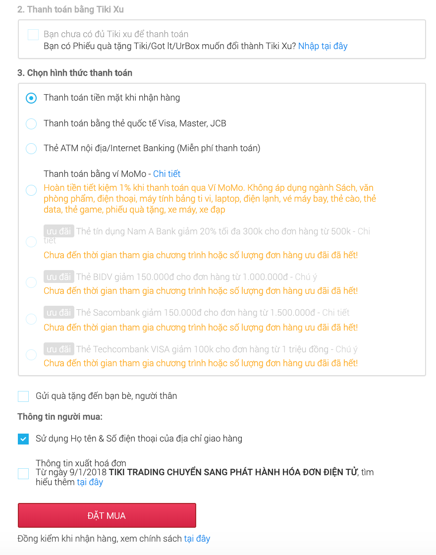 Bước 6.2: Lựa chọn hình thức giao hàng và thanh toán