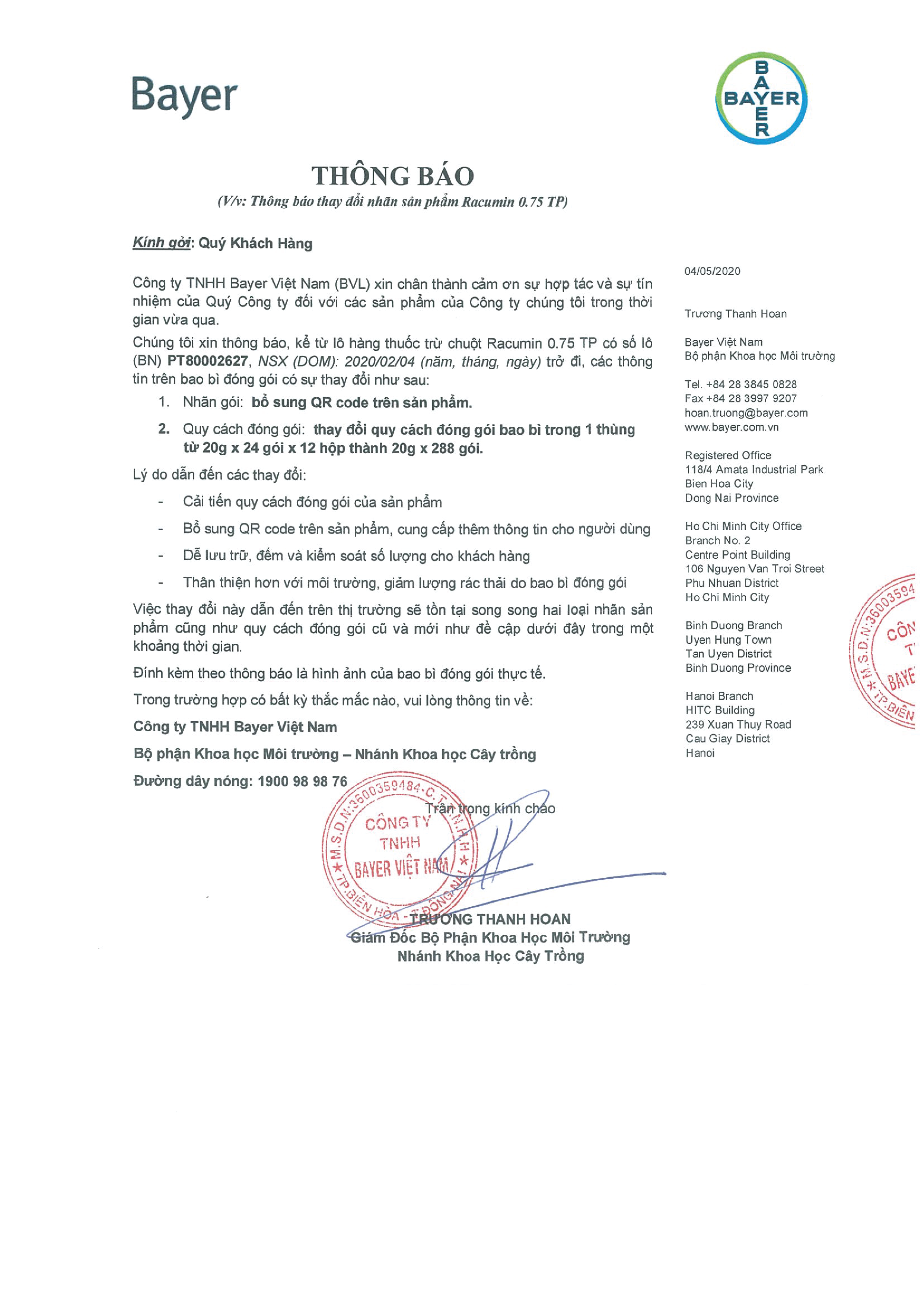 thong bao thay doi bao bi Racumin 0.75 TP